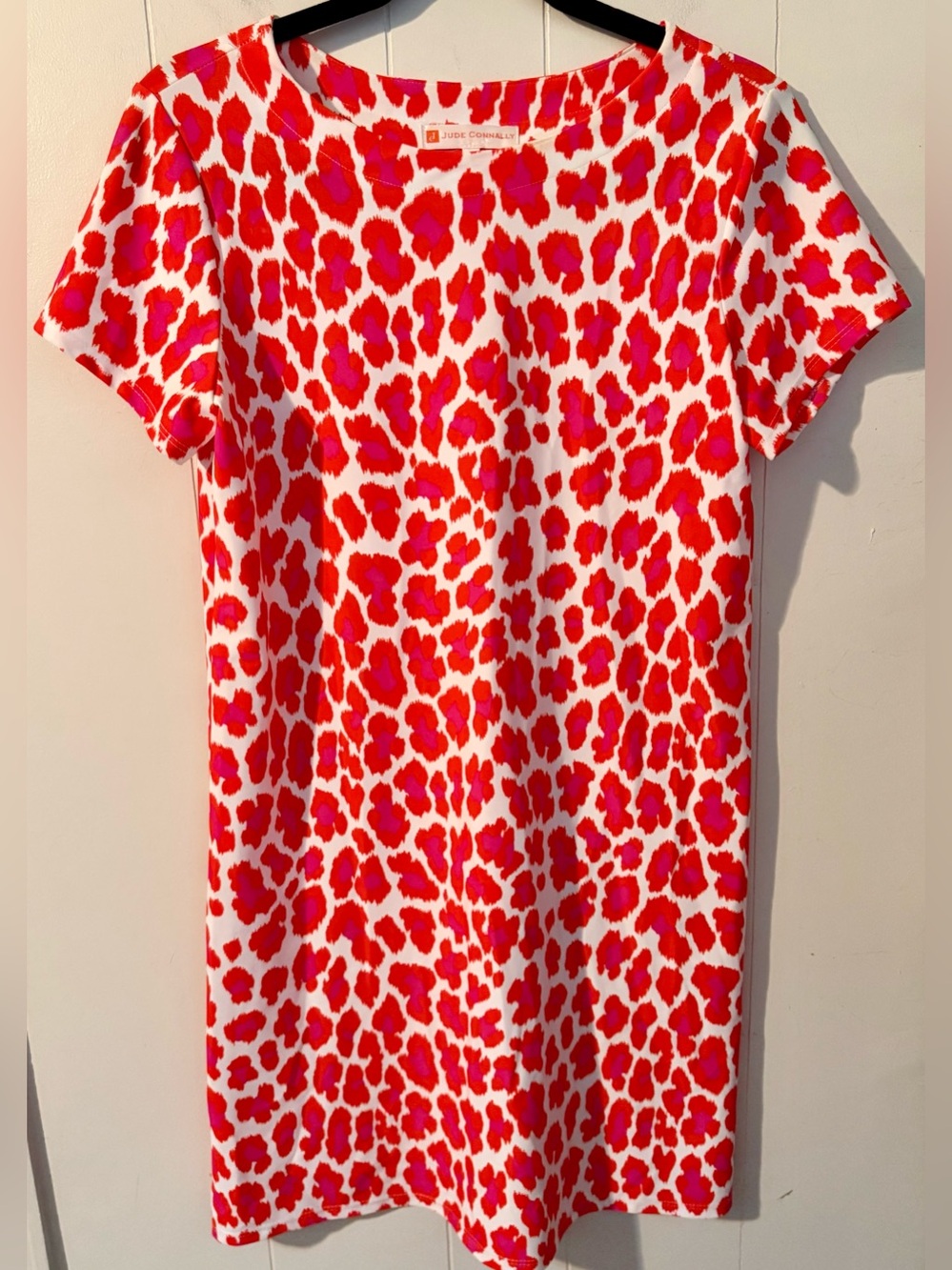 Jude Connally Ella Apricot Pink Orange Leopard Print Sheath Dress, S